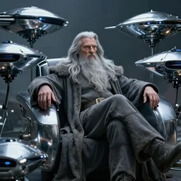 beautiful fantasy character portrait, gandalf the grey, reclining pose, futuristic chrome drones, ultra realistic, dramatic lighting, robots, the fifth element artifacts, highly detailed by peter mohrbacher, hajime sorayama, wayne barlowe, boris vallejo, aaron horkey, gaston bussiere, craig mullins