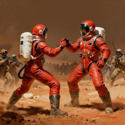 jousting on the surface of mars in space suits red climax army crowd action In the style of Frank Frazetta
