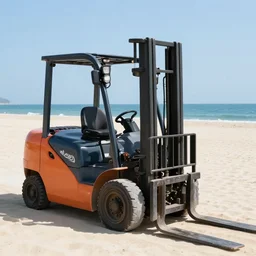 forklift on the beach, sunny day, vacation
