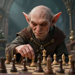 highly detailed closeup portrait of a medieval goblin playing chess, stephen bliss, unreal engine, greg rutkowski, ilya kuvshinov, ross draws, hyung tae and frank frazetta, tom bagshaw, tom whalen, nicoletta ceccoli, mark ryden, earl norem, global illumination, god rays, detailed and intricate environment