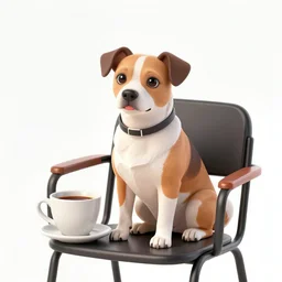 a dog sitting on a chair with a cup of coffee in front of him. flame. mem. cartoon