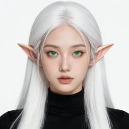 a beautiful portrait, white background, gorgeous fantasy elf. black top, professionally retouched, soft lighting, realistic, smooth face, freckles on nose, beautiful green eyes, long white hair, cute ears, wide angle, sharp focus on the eyes, 8 k high definition, insanely detailed, intricate, elegant, beautiful, art by artgerm and wlop