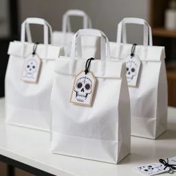 photoshoot of day of the death birthday party celebration, white ambience, clean, tidy, close up photo of party favors, fun bags, loot boxes, gifts tags, favor tags, photo realistic, hyper realistic, detailed, sharp, focused, focused, detailed, sharp, instagram, influencer, 8 k resolution, hyperrealistic, octane render