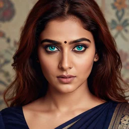 extreme close - up shot, studio photographic portrait of beautiful indian girl in sari, brown reddish hair, eyes with crystal teal pupils, haunting, looking at viewer, dynamic lighting, random outdoor wallpaper background, photorealistic, highly detailed, glamor pose, face symmetry, symmetry, 2 5 mm
