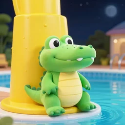 scene at the yellow 1 0 m tower of a swimming pool at night. a happy plush crocodile wearing red swimming shorts is jumping into the swimming pool from the 1 0 m high tower platform. photography.