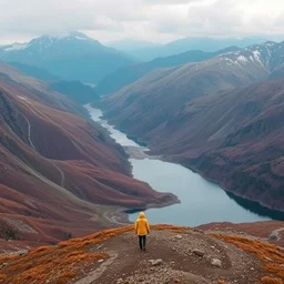 super epic realistic nature drone photo of mountains valley and lake trending on instagram with lonely person in raincoat standing at a distance