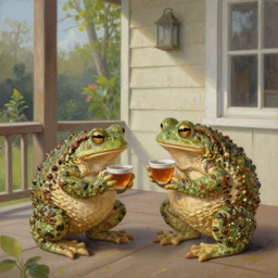 An elderly toad couple drinking tea on their porch. Stunning painting.
