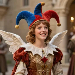 An angelic jester from medieval court, uplifting lighting, establishing shot, detailed and clear beautiful realistic faces, 8k resolution, whimsical – W 768