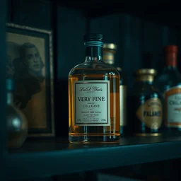 a bottle of very fine cologne on a vintage shelf, close up shot, cinematic lightning, great colors, by greg rutkowski, trending on artstation
