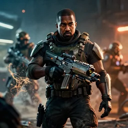 an invasion by kanye west army in gears of war battlefield 5, splash art, movie still, cinematic lighting, dramatic, octane render, long lens, shallow depth of field, bokeh, anamorphic lens flare, 8 k, hyper detailed, 3 5 mm film grain