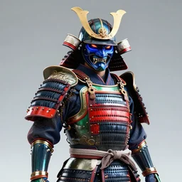 hyper ultra 4 k photo of a metal colorful armor samurai warrior green red blue black glowing eyes mask made of ceramic clay feather trim intricately spectacular magnificently story carved by a master engraver by h. r. giger