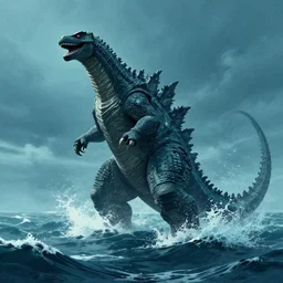 kaiju rising from the ocean, in the style of carla wyzgala