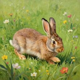 A werebunny transforming in a field of flowers. Academic painting by Greg Rutkowski, Mobile still frame. 4K UHD