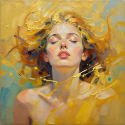 abstract oil matte portrait painting woman infused and swimming in a golden liquid detailed faces, visible brushstrokes, smears of light, bright colors, flat style, limited palette, trending on artstation