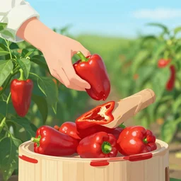 a hungarian paprika maker plucking paprika in a field full of red bell peppers
