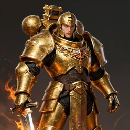 warhammer 40k, half-lenght portrait of Emperor of Mankind, young man with beautiful face, gold armor without helmet, long hair, sword in flames, digital art, illustration, fine details, cinematic, highly detailed, octane render