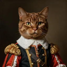 portrait of cute brown cat with serious expression wearing 1 7 th century royal guard uniform, baroque painting, greg rutkowski