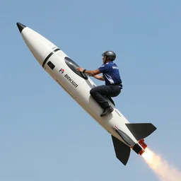 a person riding a missile ; 9 0's professional color photograph