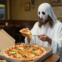 a photo of a ghost and jesus sharing a pizza