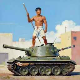 greg manchess side portrait of a filipino fighter with a staff standing on a tank, organic painting, sunny day, matte painting, bold shapes, hard edges, street art, trending on artstation, by huang guangjian, gil elvgren, ruan jia, randy vargas, greg rutkowski