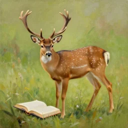 painting of a deer writing a book
