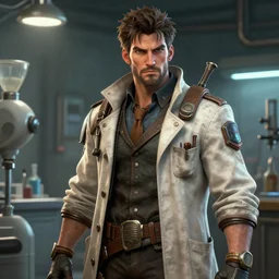 A ruggedly handsome male dieselpunk scientist in a lab coat, stubble, visualartzi, dieselpunk, anime, concept art by Karla Ortiz, James Paick, Charlie Bowater, Krenz Cushart, highly detailed, ultra detailed, ultra realistic, trending on artstation, cgstudio
