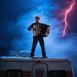 dwight schrute standing above an rv playing the accordion, dramatic scene, blue volumetric fog lighting, dystopian, red lightning, ultra wide angle, movie still, photorealistic