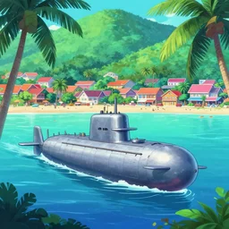 lush tropical sea saturated vaporwave colors matte animation cel still of a metal submarine in the bay seaside town vibrant detailed 1 9 9 0 anime sharp, rendered in unreal engine 5, anime key art by greg rutkowski, bloom, dramatic lighting
