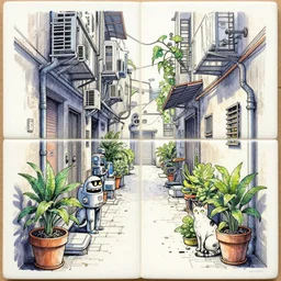 an absurdly-detailed cyberpunk alleyway watercolor-calligraphy-pen drawing as a fancy square tile. Cats and Robots and Potted-Plants.
