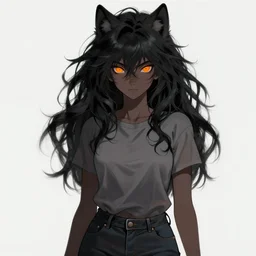 anime wolf girl with wild black hair, glowing orange eyes and charcoal skin wearing a t-shirt and jeans, digital art, art station, illustration, highly detailed, artwork