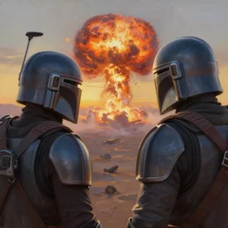 close up mid shot of mandalorian with backlight watching nuclear war explosion on jupiter graveyard wasteland  with fog during sunset  , panoramic cinematic very sharp oil painting by beksinski