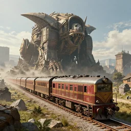 incredibly colossal giant ancient train runs on rails. extremely high details, artstation contest winner, masterpiece, fantasy art, digital art by anthony brault, philippe druillet, simon stalenhag
