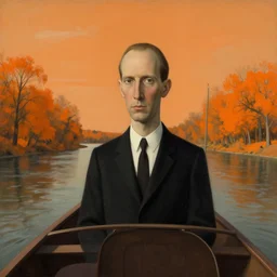 surreal art of portrait of rod serling on a boat, on a river, with tangerine colored trees and marmalade colored skies in the style of max ernst, rene magritte