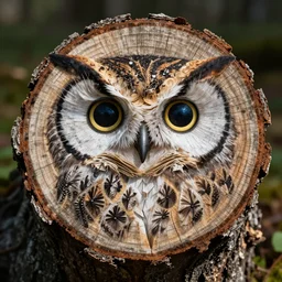 on rings of tree stump owl face tree stump rings in the style of Marc Adamus