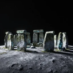 stonehenge on the moon surface, dark background, hyperrealistic digital bioluminiscent octane render, high contrast