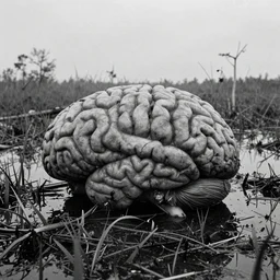 movie still by tarkovsky of giant brain swamp fields, swamp backround, cinestill 8 0 0 t 3 5 mm b & w, heavy grain, high quality, noir, natural textures, photorealistic, ambient occlusion, hd, ultra wide lens, anamorphic