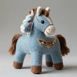 a felt plush horse in dusty blue with ornate detailed embroidery decoration