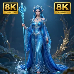 full length photo of a very beautiful!! elemental water witch with ornate blue robes staff, highly detailed, 8 k, hdr, smooth, sharp focus, high resolution, award - winning photo