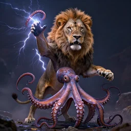 full body pose, hyperrealistic photograph of a lion combined with an octopus about 1 0 0 meters tall manipulating thunder, dim volumetric lighting, 8 k, octane beautifully detailed render, extremely hyper detailed, intricate, epic composition, cinematic lighting, masterpiece, trending on artstation, very very detailed, stunning, hdr, smooth, sharp focus, high resolution, award, winning photo, dslr, 5 0 mm