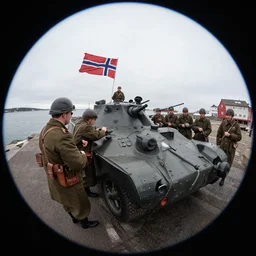 color gopro fisheye lens photo of germany invading norway world war 2, color, full hd, fisheye photograph