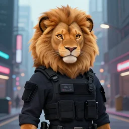 beautiful furry art portrait commission of a female furry anthro lioness fursona wearing a tactical swat uniform in the streets of a cyberpunk city at night in the snow. neon signs. character design by charlie bowater, ross tran, artgerm, and makoto shinkai, detailed, inked, western comic book art