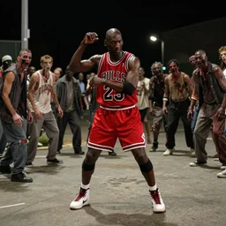 middle shot photograph of michael jordan in the thriller music video, in the streets, at night, dancing, zombies, wide shot