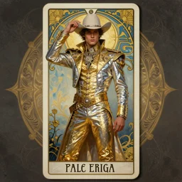a dramatic ethereal epic symmetrical painting of a handsome cowboy in a shimmering! silvery!! (((golden))) outfit | tarot card, art deco, art nouveau,  (steampunk), homoerotic, realistic | by Dresden Codak, by Mark Maggiori and ((((Alphonse Mucha))) | trending on artstation