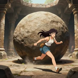 “Indians jones as an anime girl running away from a rolling giant stone boulder trap inside an ancient stone temple, stunning digital art”