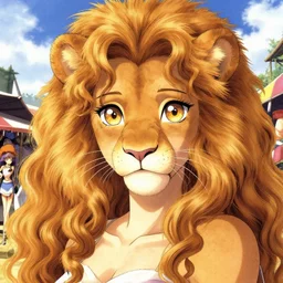 furry art, character portrait of the anthro woman girl lady lioness princess with gorgeous detailed eyes in the marketplace in the sky, color page, tankoban, 4 k, tone mapping, doll, akihiko yoshida, james jean andrei riabovitchev marc simonetti, yoshitaka amano, long hair, curly, h. hydrochaeris