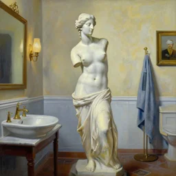 a beautiful painting cyberpunk robot venus of milos, bathroom by salvador dali realistic oil painting