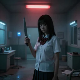school girl holding a knife in an abandoned hospital room with red ceiling lighting and several blue lights on the walls, gloomy and foggy atmosphere, octane render, artstation trending, horror scene, highly detailded