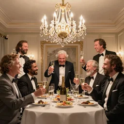 a happy mafia family celebrating drinking champagne around a table, a big chandelier hanging from roof by greg rutkowski and thomas kinkade, trending on artstation