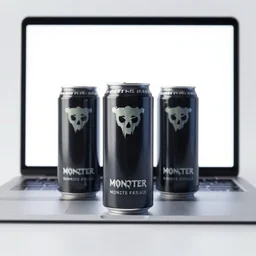 monster cans in front of a computer with white screen realistic