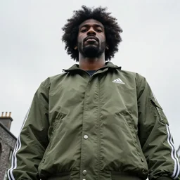 photograph of a gigantic black man with afro hair and beard stubble wearing an adidas army green jacket, looming over dublin